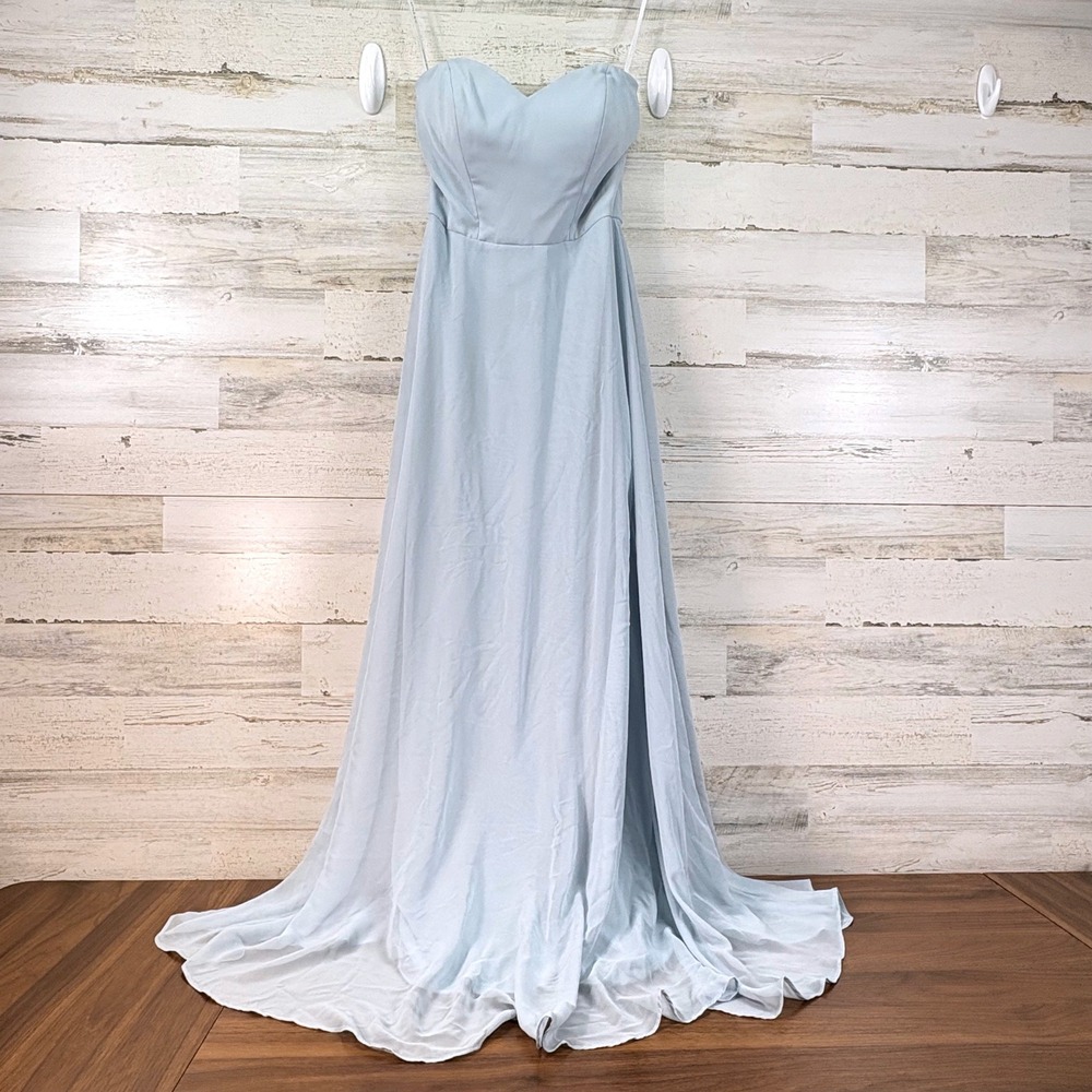 After Six Powder Blue Chiffon Strapless Sweetheart‎ Flowy Maxi Gown Dress Fairy